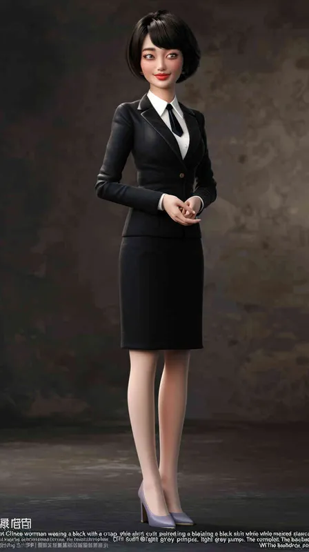 3D render of A Chinese woman in black skirt suit with white shirt, smiling and standing upright. She has short hair and is wearing light grey pumps on her feet. The background color should be dark gray to make the character stand out more clearly. Her hands have both been folded into fists at their sides. Rendered as full body shot with a front view perspective. - - style2部分