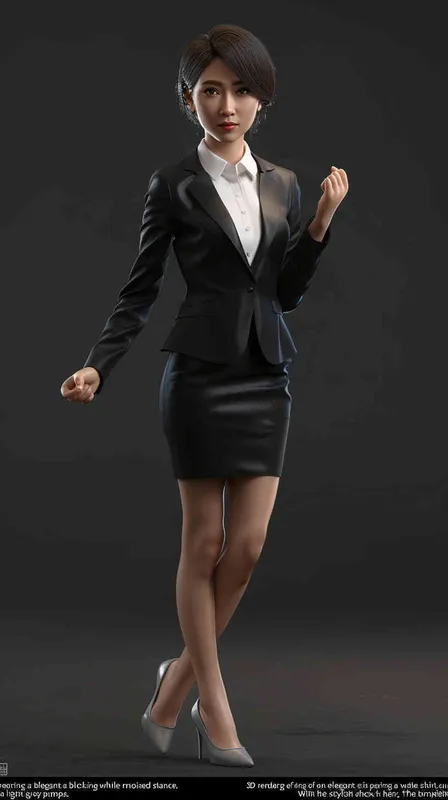 3D render of A Chinese woman in black skirt suit with white shirt, smiling and standing upright. She has short hair and is wearing light grey pumps on her feet. The background color should be dark gray to make the character stand out more clearly. Her hands have both been folded into fists at their sides. Rendered as full body shot with a front view perspective. - - style4部分