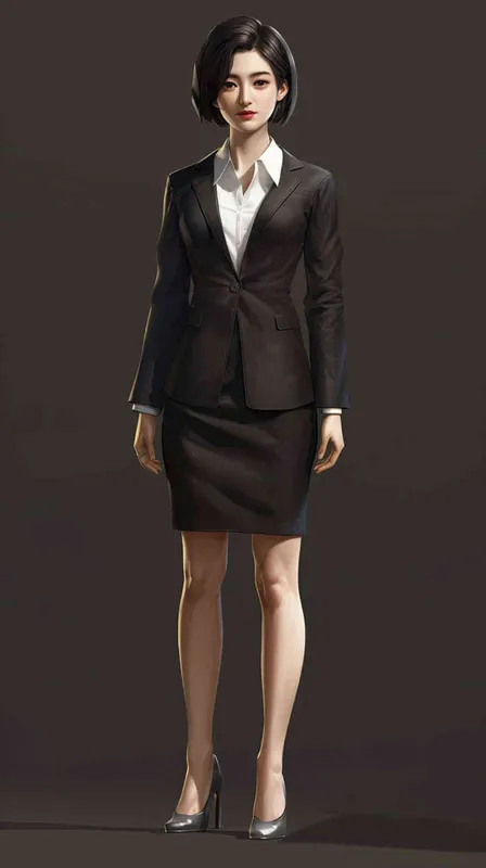 3D render of A Chinese woman in black skirt suit with white shirt, T-POSE,smiling and standing upright. She has short hair and is wearing light grey pumps on her feet. The background color should be dark gray to make the character stand out more clearly. Her hands have both been folded into fists at their sides. Rendered as full body shot with a front view perspective. - AI绘画作品展示 | Midjourney中文版生成