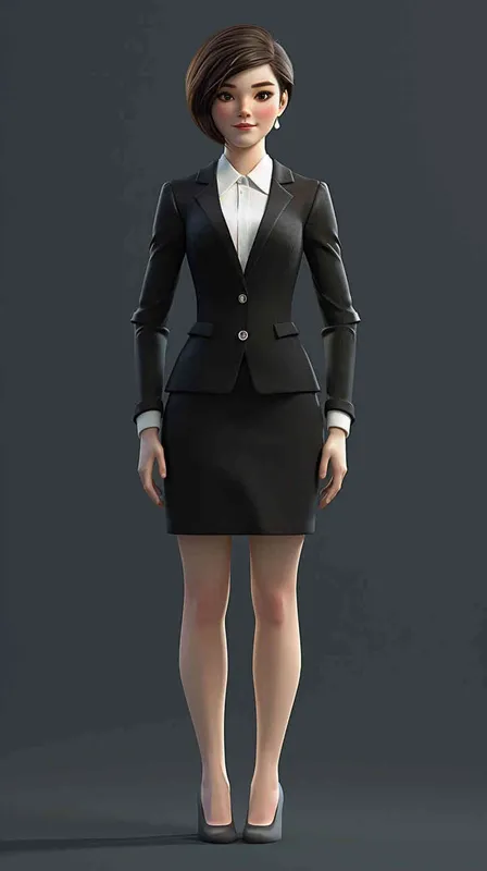 3D render of A Chinese woman in black skirt suit with white shirt, T-POSE,smiling and standing upright. She has short hair and is wearing light grey pumps on her feet. The background color should be dark gray to make the character stand out more clearly. Her hands have both been folded into fists at their sides. Rendered as full body shot with a front view perspective. - AI绘画作品展示 | Midjourney中文版生成