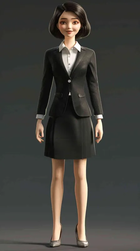 3D render of A Chinese woman in black skirt suit with white shirt, T-POSE,smiling and standing upright. She has short hair and is wearing light grey pumps on her feet. The background color should be dark gray to make the character stand out more clearly. Her hands have both been folded into fists at their sides. Rendered as full body shot with a front view perspective. - AI绘画作品展示 | Midjourney中文版生成