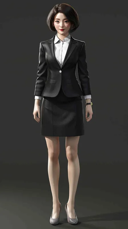 3D render of A Chinese woman in black skirt suit with white shirt, T-POSE,smiling and standing upright. She has short hair and is wearing light grey pumps on her feet. The background color should be dark gray to make the character stand out more clearly. Her hands have both been folded into fists at their sides. Rendered as full body shot with a front view perspective. - AI绘画作品展示 | Midjourney中文版生成