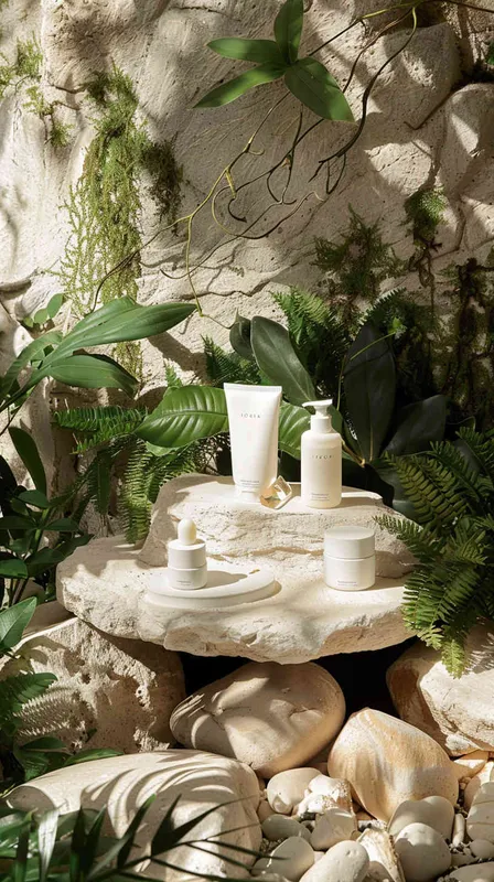A white skincare set surrounded by nature with forest and stones, display stand is placed in a natural scenery surrounding by forests and rocks, warm tones, forming an obvious visual contrast with the surrounding natural scenery.Sunlightdappling the skincare products - style1部分