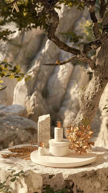 A white skincare set surrounded by nature with forest and stones, display stand is placed in a natural scenery surrounding by forests and rocks, warm tones, forming an obvious visual contrast with the surrounding natural scenery.Sunlightdappling the skincare products - style2部分