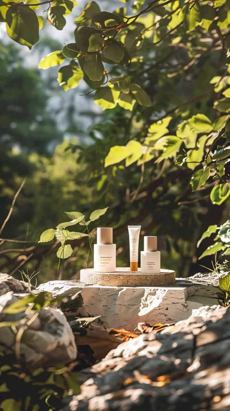 A white skincare set surrounded by nature with forest and stones, display stand is placed in a natural scenery surrounding by forests and rocks, warm tones, forming an obvious visual contrast with the surrounding natural scenery.Sunlightdappling the skincare products - style3部分