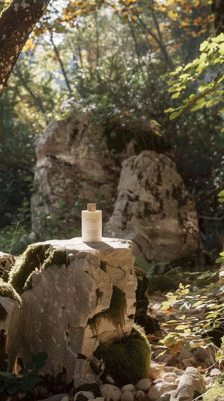 A white skincare set surrounded by nature with forest and stones, display stand is placed in a natural scenery surrounding by forests and rocks, warm tones, forming an obvious visual contrast with the surrounding natural scenery.Sunlightdappling the skincare products - style4部分