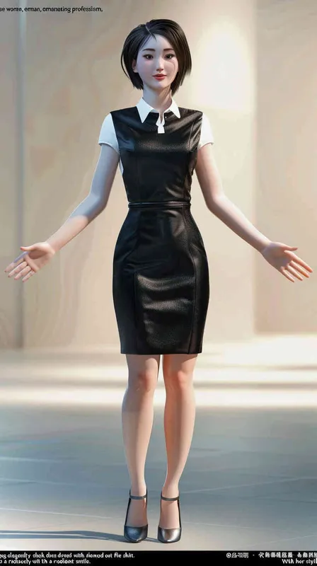 A professional image of a Chinese woman wearing a black dress and a white shirt, with her hands raised flat on both sides in a t-pose, standing with a smile. She has short hair and is wearing light gray high heels on her feet. The background color is light to make the character more prominent. Her hands are straight and straight. Use a front view and take a full body shot. Professional indoor photography effects, super realistic, 8k - style1部分