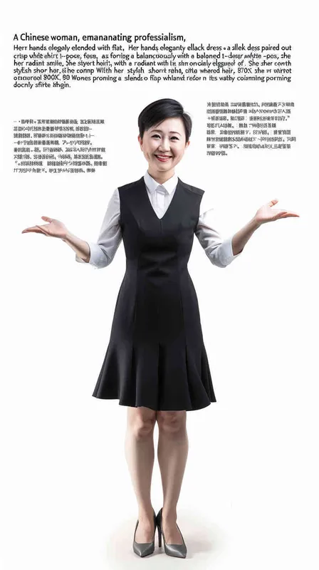 A professional image of a Chinese woman wearing a black dress and a white shirt, with her hands raised flat on both sides in a t-pose, standing with a smile. She has short hair and is wearing light gray high heels on her feet. The background color is light to make the character more prominent. Her hands are straight and straight. Use a front view and take a full body shot. Professional indoor photography effects, super realistic, 8k - style2部分