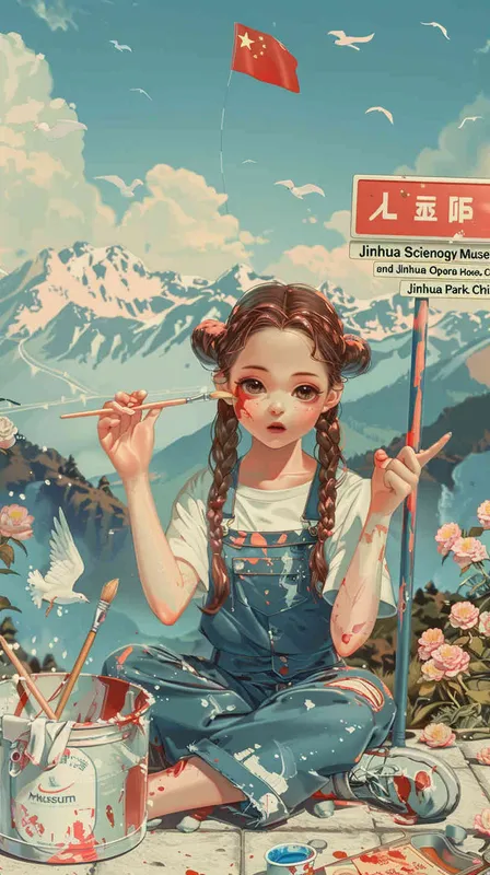 我的梦想
中下右边有一个扎着两根辫子的小姑娘，穿着背带裤，右手拿着一支画笔，左手比了个“耶”，身上有一些颜料。小姑娘右边有一个颜料桶和画盘，坐在瓷砖地上。小姑娘右边开满了美丽的茶花，茶花边上有山，山的上方开着一辆“和谐号”动车，动车上方飞出两只白鸽和党章。小姑娘上方有“金华科技馆”“金华博物馆”“中国婺剧院”“金华乐园”。“金华科技馆”上方飘扬着五星红旗和一轮初升的太阳。 - style2部分