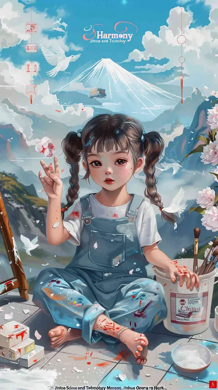 我的梦想
中下右边有一个扎着两根辫子的小姑娘，穿着背带裤，右手拿着一支画笔，左手比了个“耶”，身上有一些颜料。小姑娘右边有一个颜料桶和画盘，坐在瓷砖地上。小姑娘右边开满了美丽的茶花，茶花边上有山，山的上方开着一辆“和谐号”动车，动车上方飞出两只白鸽和党章。小姑娘上方有“金华科技馆”“金华博物馆”“中国婺剧院”“金华乐园”。“金华科技馆”上方飘扬着五星红旗和一轮初升的太阳。 - style3部分