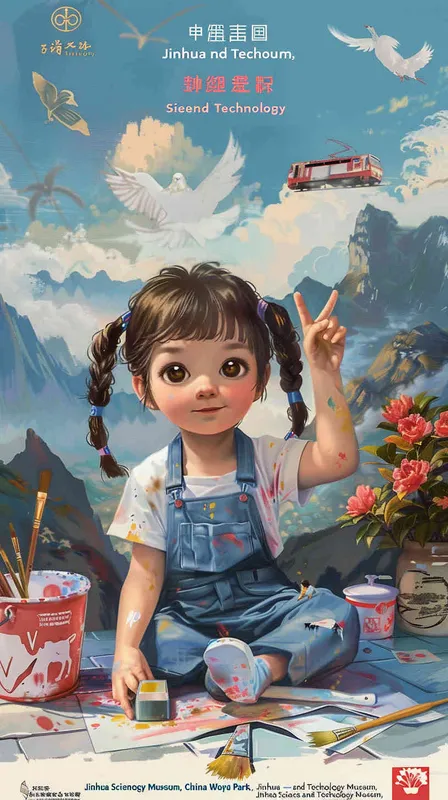 我的梦想
中下右边有一个扎着两根辫子的小姑娘，穿着背带裤，右手拿着一支画笔，左手比了个“耶”，身上有一些颜料。小姑娘右边有一个颜料桶和画盘，坐在瓷砖地上。小姑娘右边开满了美丽的茶花，茶花边上有山，山的上方开着一辆“和谐号”动车，动车上方飞出两只白鸽和党章。小姑娘上方有“金华科技馆”“金华博物馆”“中国婺剧院”“金华乐园”。“金华科技馆”上方飘扬着五星红旗和一轮初升的太阳。 - style4部分