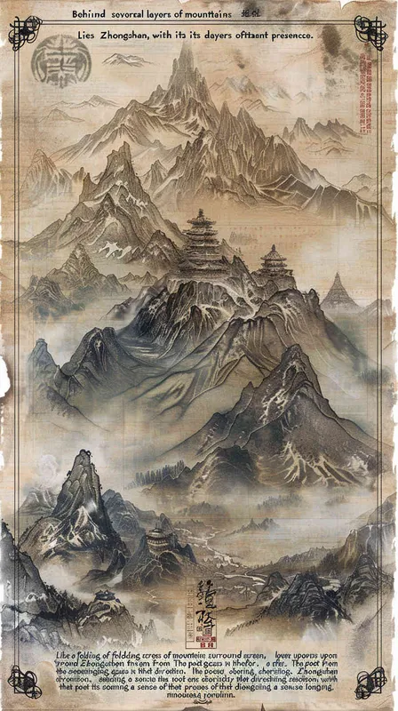 “钟山只隔数重山”，焦点转向那远处若隐若现的钟山，一层又一层的山如同屏风一样包围着远处的钟山，诗人凝视着那个方向，似乎怀念着什么。 - style3部分