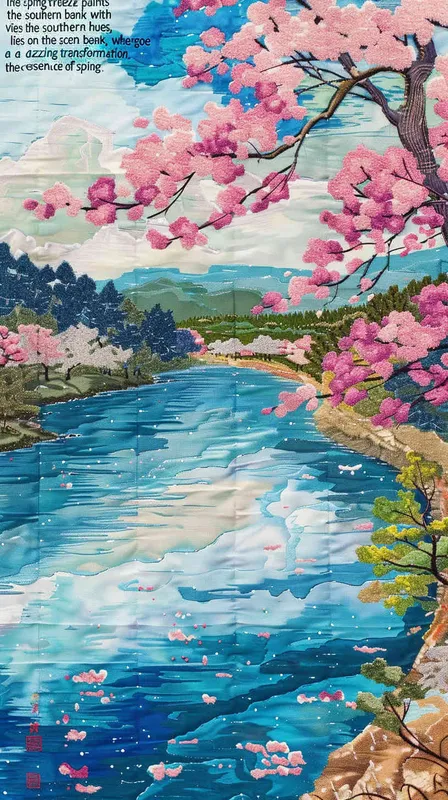 “春风又绿江南岸”，画面亮丽转变，以江南岸为主，春意盎然，碧虹如画，墨绿的江水与绿意盎然的江岸相映衬，勾勒出一幅漫卷的春意画卷。 - style1部分