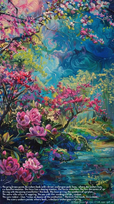 “春风又绿江南岸”，画面亮丽转变，以江南岸为主，春意盎然，碧虹如画，墨绿的江水与绿意盎然的江岸相映衬，勾勒出一幅漫卷的春意画卷。 - style2部分