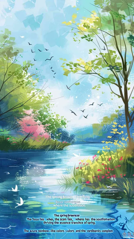 “春风又绿江南岸”，画面亮丽转变，以江南岸为主，春意盎然，碧虹如画，墨绿的江水与绿意盎然的江岸相映衬，勾勒出一幅漫卷的春意画卷。 - style4部分