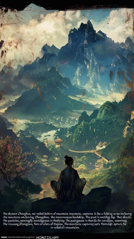 “钟山只隔数重山”，焦点转向那远处若隐若现的钟山，一层又一层的山如同屏风一样包围着远处的钟山，诗人凝视着那个方向，似乎怀念着什么。 画面不要出现文字英文等符号！ - AI绘画作品展示 | Midjourney中文版生成