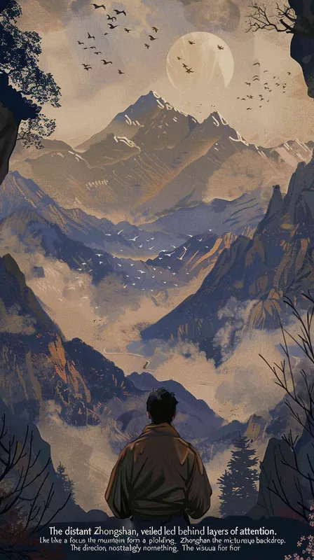“钟山只隔数重山”，焦点转向那远处若隐若现的钟山，一层又一层的山如同屏风一样包围着远处的钟山，诗人凝视着那个方向，似乎怀念着什么。 画面不要出现文字英文等符号！ - AI绘画作品展示 | Midjourney中文版生成