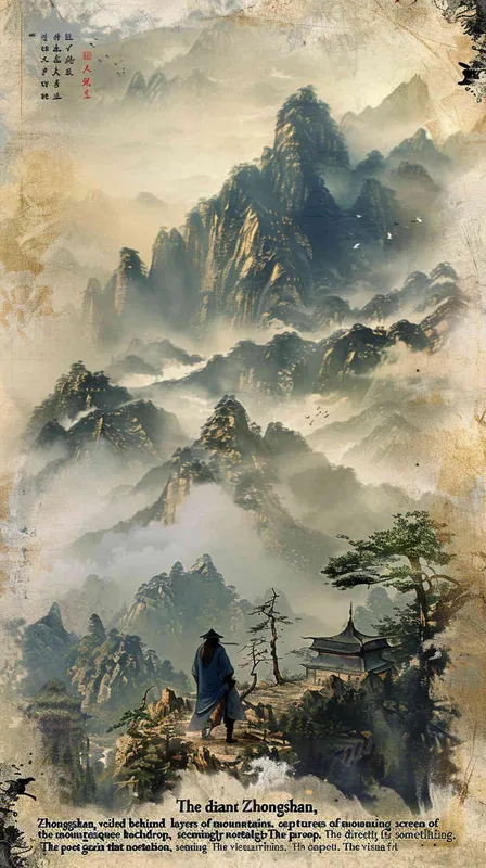 “钟山只隔数重山”,焦点转向那远处若隐若现的钟山,一层又一层的山如同屏风一样包围着远处的钟山,诗人凝视着那个方向,似乎怀念着什么。 画面不要出现文字英文等符号! - AI绘画作品展示 | Midjourney中文版生成