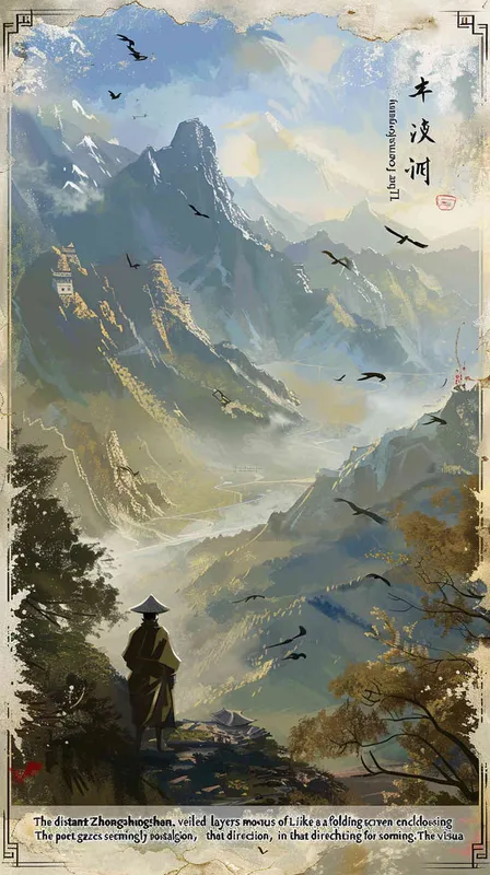 “钟山只隔数重山”,焦点转向那远处若隐若现的钟山,一层又一层的山如同屏风一样包围着远处的钟山,诗人凝视着那个方向,似乎怀念着什么。 画面不要出现文字英文等符号! - AI绘画作品展示 | Midjourney中文版生成