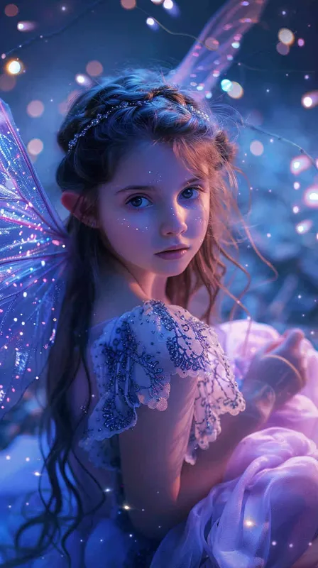  A cute girl with big eyes, wearing an exquisite fairy dress and gorgeous wings, surrounded by sparkling stars, is a stunning masterpiece of high-definition photography. The photo was taken using Canon cameras, showcasing the beautiful lighting effects in the style of blue purple. --ar 27:32 - style1部分