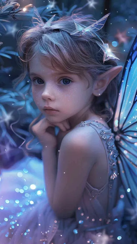  A cute girl with big eyes, wearing an exquisite fairy dress and gorgeous wings, surrounded by sparkling stars, is a stunning masterpiece of high-definition photography. The photo was taken using Canon cameras, showcasing the beautiful lighting effects in the style of blue purple. --ar 27:32 - style2部分