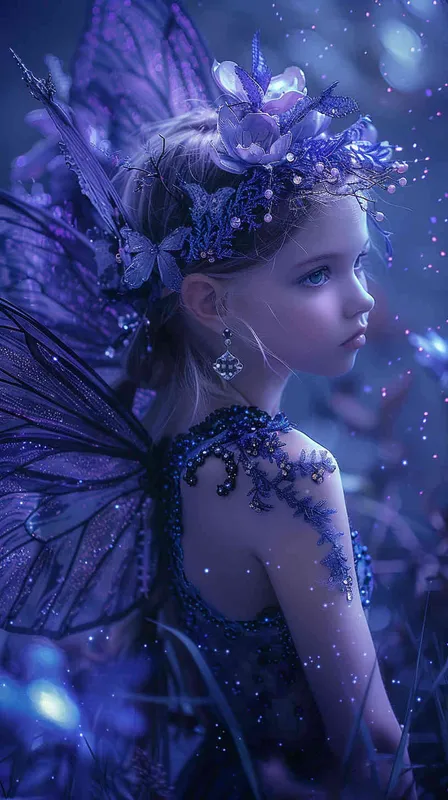  A cute girl with big eyes, wearing an exquisite fairy dress and gorgeous wings, surrounded by sparkling stars, is a stunning masterpiece of high-definition photography. The photo was taken using Canon cameras, showcasing the beautiful lighting effects in the style of blue purple. --ar 27:32 - style3部分