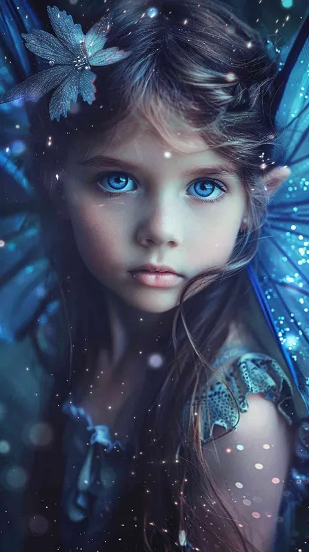  A cute girl with big eyes, wearing an exquisite fairy dress and gorgeous wings, surrounded by sparkling stars, is a stunning masterpiece of high-definition photography. The photo was taken using Canon cameras, showcasing the beautiful lighting effects in the style of blue purple. --ar 27:32 - style4部分
