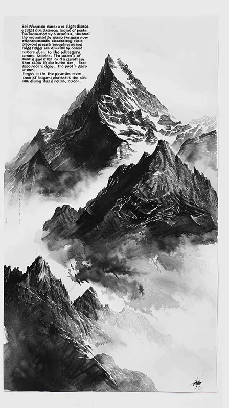 Bell mountain is only separated by a few mountains", the focus shifts to Bell Mountain in the distance. It is faintly visible, surrounded by layers of mountains like a folding screen. The poet stares in that direction, seemingly nursing some nostalgia. - AI绘画作品展示 | Midjourney中文版生成