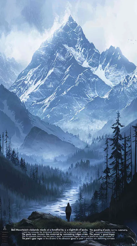 Bell mountain is only separated by a few mountains", the focus shifts to Bell Mountain in the distance. It is faintly visible, surrounded by layers of mountains like a folding screen. The poet stares in that direction, seemingly nursing some nostalgia. - AI绘画作品展示 | Midjourney中文版生成