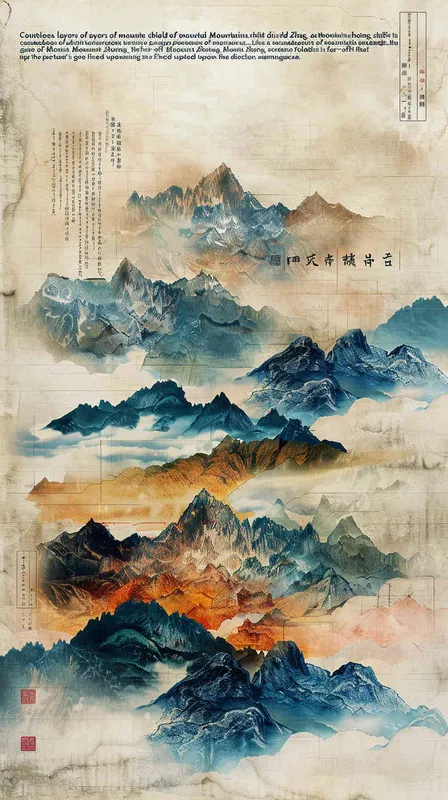 钟山只隔数重山”，焦点转向那远处若隐若现的钟山，一层又一层的山如同屏风一样包围着远处的钟山，诗人凝视着那个方向，似乎怀念着什么。 – AI绘画作品展示 | Midjourney中文版生成