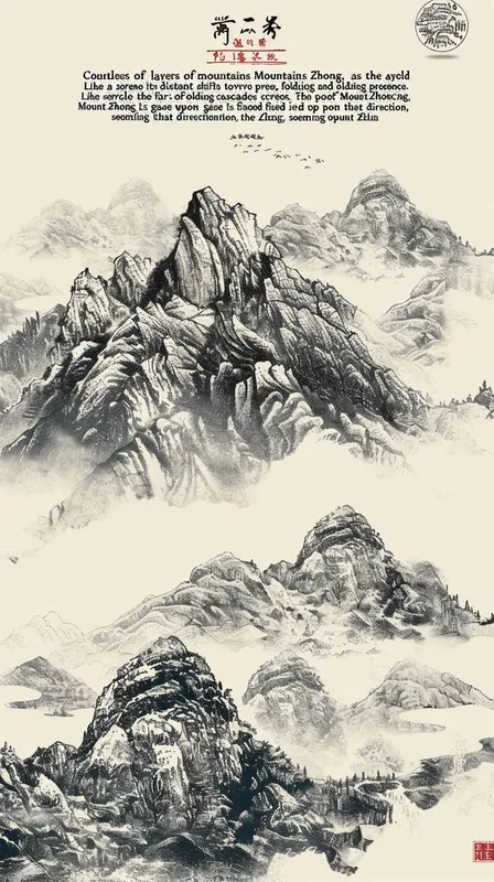 钟山只隔数重山”,焦点转向那远处若隐若现的钟山,一层又一层的山如同屏风一样包围着远处的钟山,诗人凝视着那个方向,似乎怀念着什么。 - AI绘画作品展示 | Midjourney中文版生成