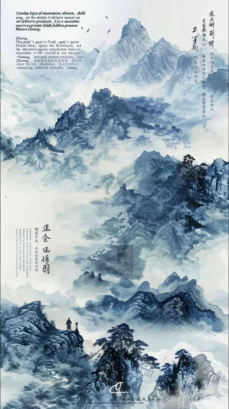 钟山只隔数重山”,焦点转向那远处若隐若现的钟山,一层又一层的山如同屏风一样包围着远处的钟山,诗人凝视着那个方向,似乎怀念着什么。 - AI绘画作品展示 | Midjourney中文版生成