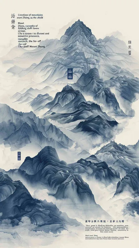 钟山只隔数重山”,焦点转向那远处若隐若现的钟山,一层又一层的山如同屏风一样包围着远处的钟山,诗人凝视着那个方向,似乎怀念着什么。 - AI绘画作品展示 | Midjourney中文版生成