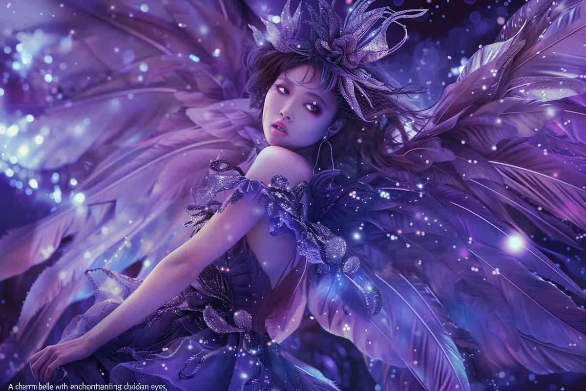 A cute asian girl with big black eyes, wearing an exquisite fairy dress and gorgeous wings, surrounded by sparkling stars, is a stunning masterpiece of high-definition photography. The photo was taken using Canon cameras, showcasing the beautiful lighting effects in the style of blue purple. - style1部分