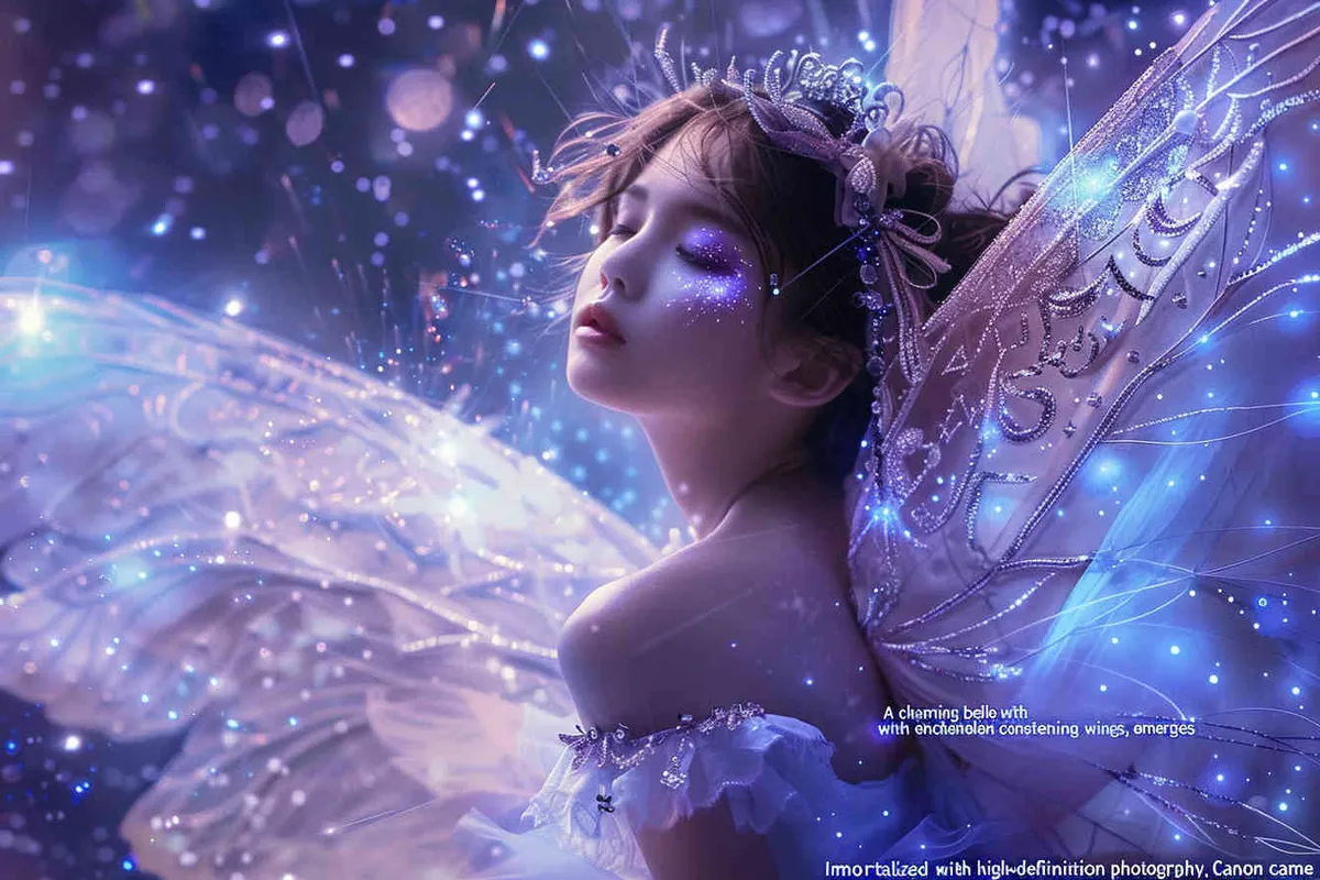 A cute asian girl with big black eyes, wearing an exquisite fairy dress and gorgeous wings, surrounded by sparkling stars, is a stunning masterpiece of high-definition photography. The photo was taken using Canon cameras, showcasing the beautiful lighting effects in the style of blue purple. - style2部分
