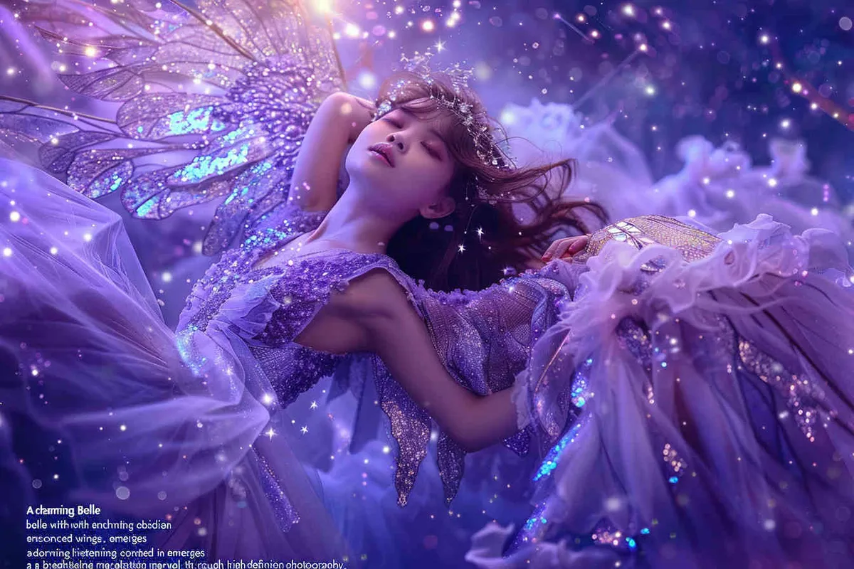 A cute asian girl with big black eyes, wearing an exquisite fairy dress and gorgeous wings, surrounded by sparkling stars, is a stunning masterpiece of high-definition photography. The photo was taken using Canon cameras, showcasing the beautiful lighting effects in the style of blue purple. - style3部分