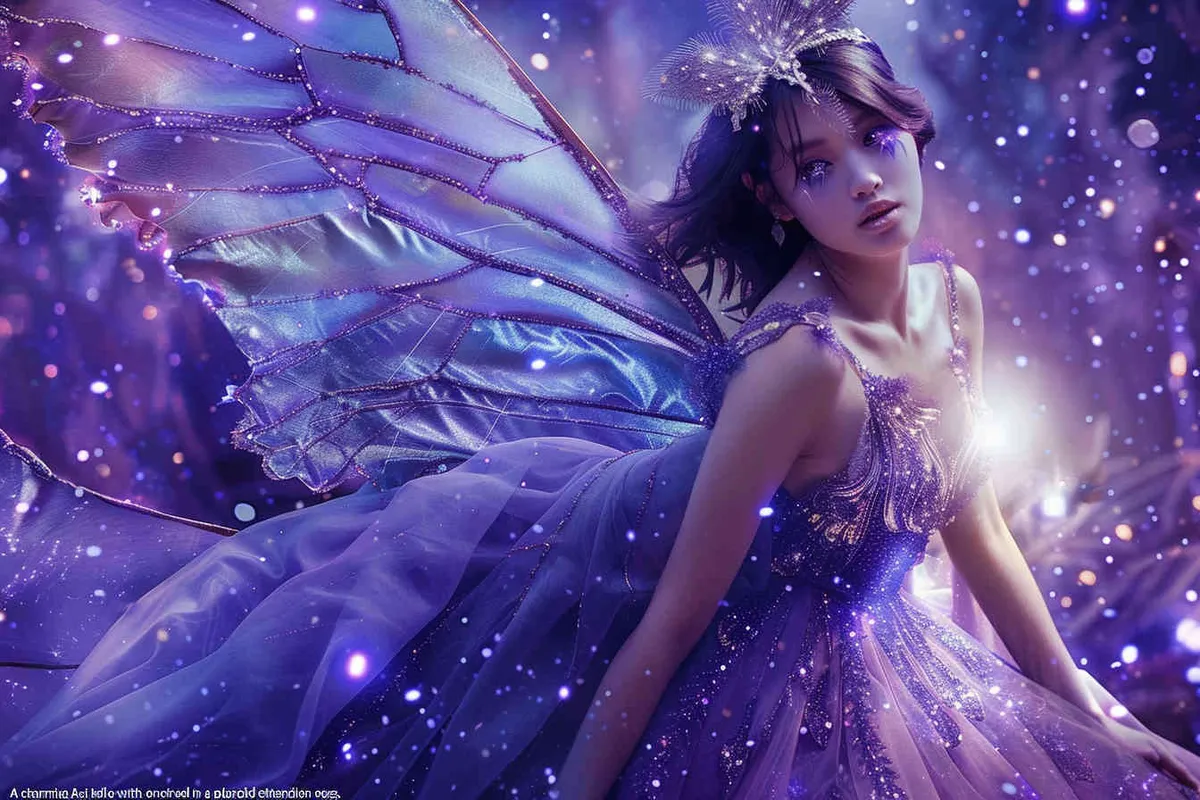 A cute asian girl with big black eyes, wearing an exquisite fairy dress and gorgeous wings, surrounded by sparkling stars, is a stunning masterpiece of high-definition photography. The photo was taken using Canon cameras, showcasing the beautiful lighting effects in the style of blue purple. - style4部分