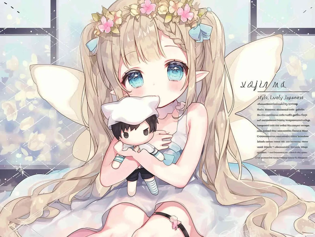 chibi anime style,Lovely Japanese manga style art, characterized by crisp brush strokes, depicts an adorable elf girl with golden hair. She is dressed in a silver veil skirt and adorned with transparent fairy wings. Crowned with a camellia flower wreath, she kneels on the ground, cradling a male doll dressed in a white suit and black suspenders. The background is minimalist yet dreamlike – AI绘画作品展示 | Midjourney中文版生成