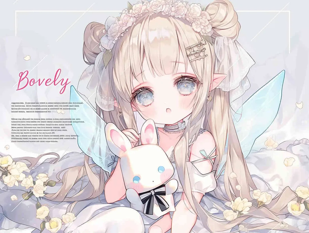 chibi anime style,Lovely Japanese manga style art, characterized by crisp brush strokes, depicts an adorable elf girl with golden hair. She is dressed in a silver veil skirt and adorned with transparent fairy wings. Crowned with a camellia flower wreath, she kneels on the ground, cradling a male doll dressed in a white suit and black suspenders. The background is minimalist yet dreamlike - style2部分