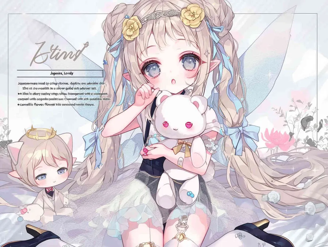 chibi anime style,Lovely Japanese manga style art, characterized by crisp brush strokes, depicts an adorable elf girl with golden hair. She is dressed in a silver veil skirt and adorned with transparent fairy wings. Crowned with a camellia flower wreath, she kneels on the ground, cradling a male doll dressed in a white suit and black suspenders. The background is minimalist yet dreamlike - style3部分