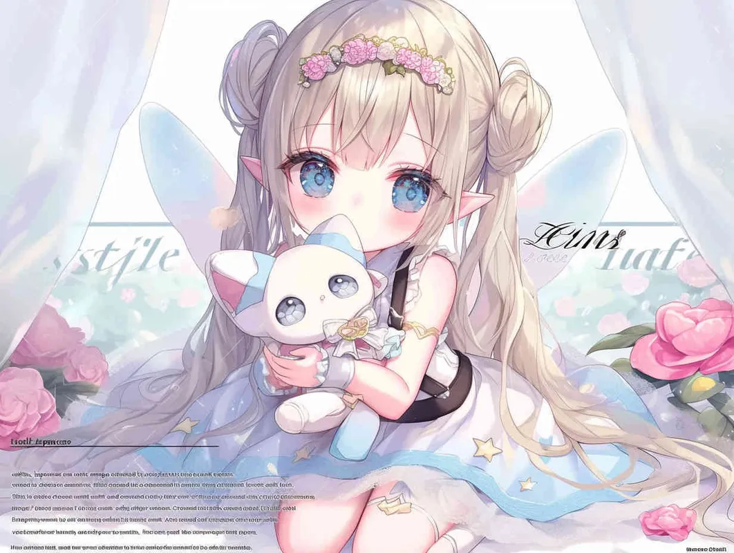 chibi anime style,Lovely Japanese manga style art, characterized by crisp brush strokes, depicts an adorable elf girl with golden hair. She is dressed in a silver veil skirt and adorned with transparent fairy wings. Crowned with a camellia flower wreath, she kneels on the ground, cradling a male doll dressed in a white suit and black suspenders. The background is minimalist yet dreamlike - style4部分