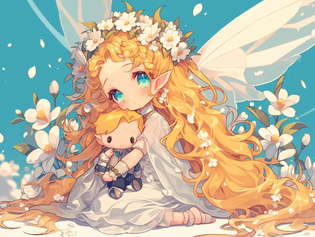 chibi anime style,Lovely Japanese manga style art, characterized by crisp brush strokes, depicts an adorable elf girl with golden hair. She is dressed in a silver veil skirt and adorned with transparent fairy wings. Crowned with a camellia flower wreath, she kneels on the ground, cradling a male doll dressed in a white suit and black suspenders. The background is minimalist yet dreamlike  - style1部分