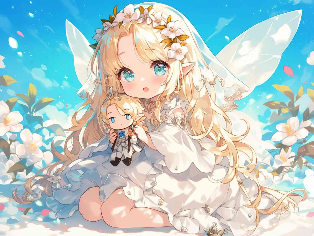 chibi anime style,Lovely Japanese manga style art, characterized by crisp brush strokes, depicts an adorable elf girl with golden hair. She is dressed in a silver veil skirt and adorned with transparent fairy wings. Crowned with a camellia flower wreath, she kneels on the ground, cradling a male doll dressed in a white suit and black suspenders. The background is minimalist yet dreamlike  - style2部分