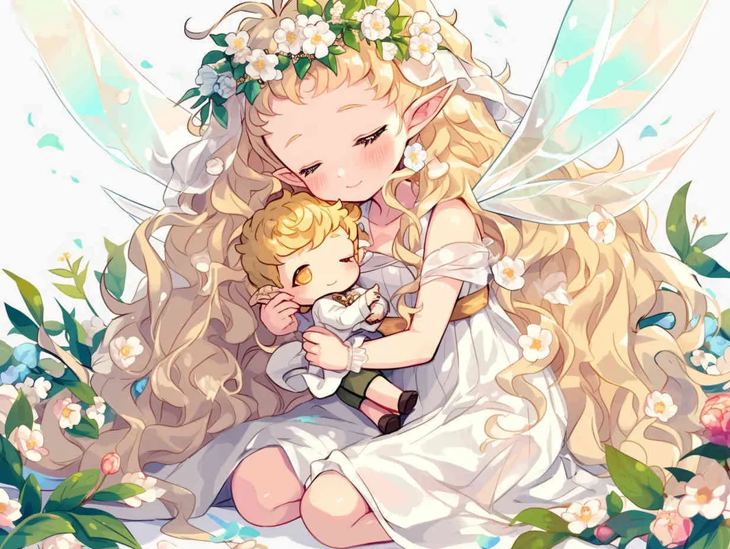 chibi anime style,Lovely Japanese manga style art, characterized by crisp brush strokes, depicts an adorable elf girl with golden hair. She is dressed in a silver veil skirt and adorned with transparent fairy wings. Crowned with a camellia flower wreath, she kneels on the ground, cradling a male doll dressed in a white suit and black suspenders. The background is minimalist yet dreamlike  - style3部分