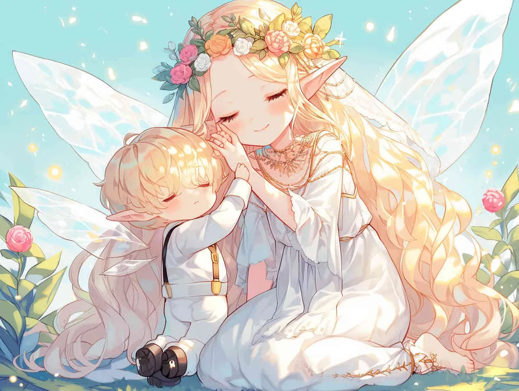chibi anime style,Lovely Japanese manga style art, characterized by crisp brush strokes, depicts an adorable elf girl with golden hair. She is dressed in a silver veil skirt and adorned with transparent fairy wings. Crowned with a camellia flower wreath, she kneels on the ground, cradling a male doll dressed in a white suit and black suspenders. The background is minimalist yet dreamlike  - style4部分