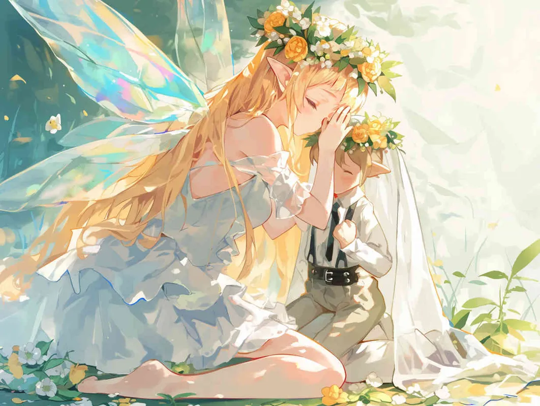  characterized by crisp brush strokes, depicts an adorable elf girl with golden hair. She is dressed in a silver veil skirt and adorned with transparent fairy wings. Crowned with a camellia flower wreath, she kneels on the ground, cradling a male doll dressed in a white suit and black suspenders. The background is minimalist yet dreamlike - style1部分