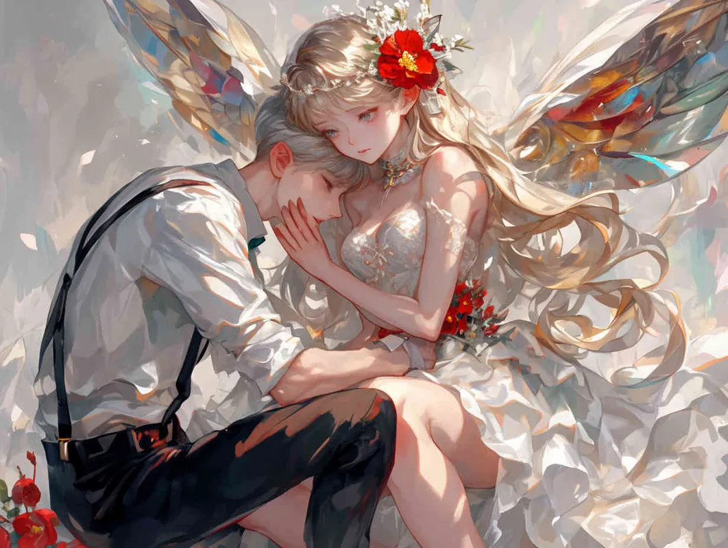  characterized by crisp brush strokes, depicts an adorable elf girl with golden hair. She is dressed in a silver veil skirt and adorned with transparent fairy wings. Crowned with a camellia flower wreath, she kneels on the ground, cradling a male doll dressed in a white suit and black suspenders. The background is minimalist yet dreamlike - style2部分