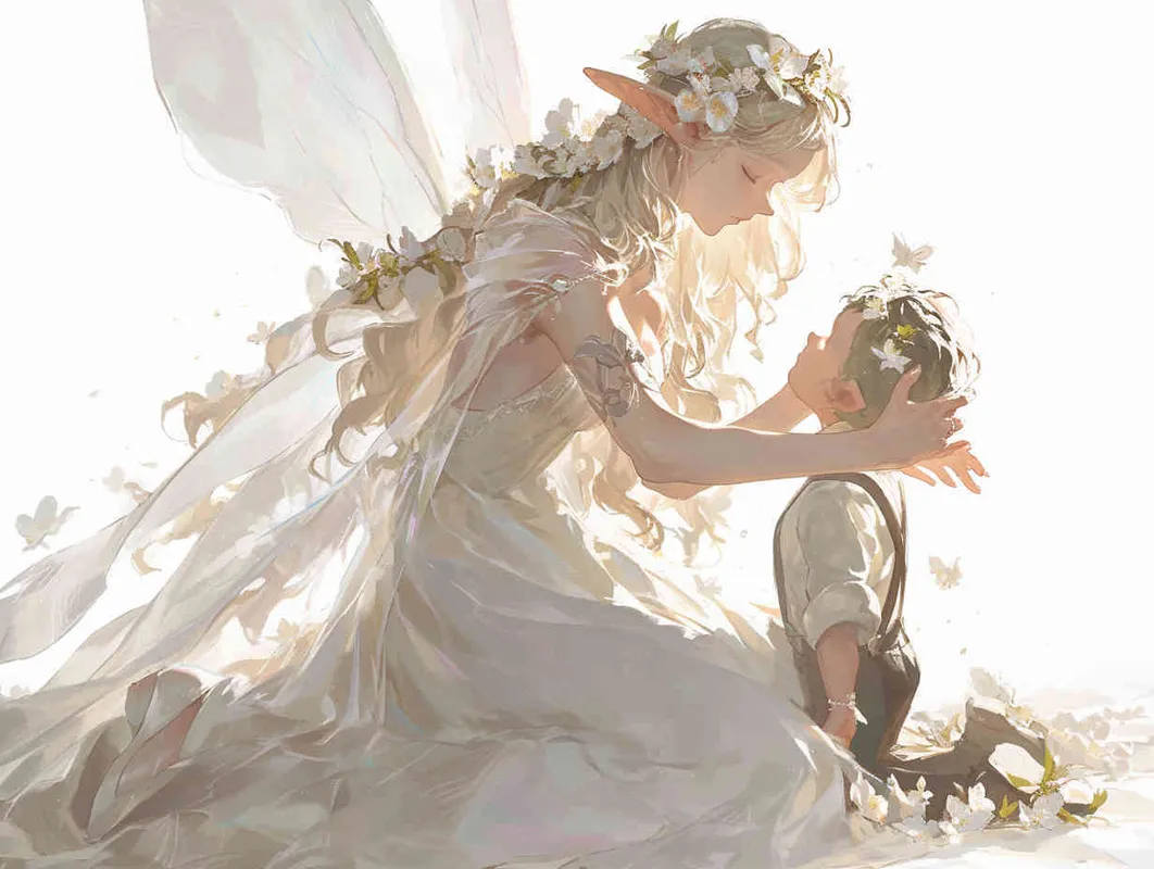  characterized by crisp brush strokes, depicts an adorable elf girl with golden hair. She is dressed in a silver veil skirt and adorned with transparent fairy wings. Crowned with a camellia flower wreath, she kneels on the ground, cradling a male doll dressed in a white suit and black suspenders. The background is minimalist yet dreamlike - style3部分
