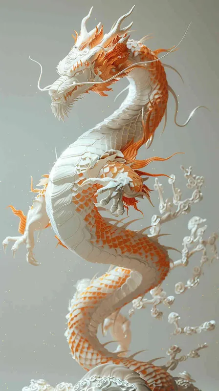a cute Chinese dragon:2, 4 feet,fly in the sky,super detail,realistic hair,C4D rendering、IP design,white, orange,resin,3d,blender,fine material rendering,2.5d,bright colors,simple background,detailed rendering,8k,rich detail,front view, – AI绘画作品展示 | Midjourney中文版生成