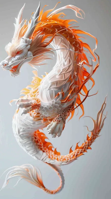 a cute Chinese dragon:2, 4 feet,fly in the sky,super detail,realistic hair,C4D rendering、IP design,white, orange,resin,3d,blender,fine material rendering,2.5d,bright colors,simple background,detailed rendering,8k,rich detail,front view, - style2部分